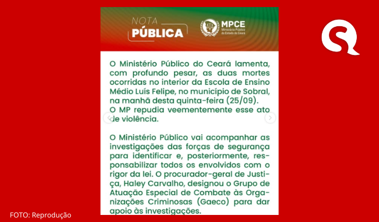 MPCE lamenta mortes em ataque a tiros em escola de Sobral e designa Gaeco para apoiar investigações
