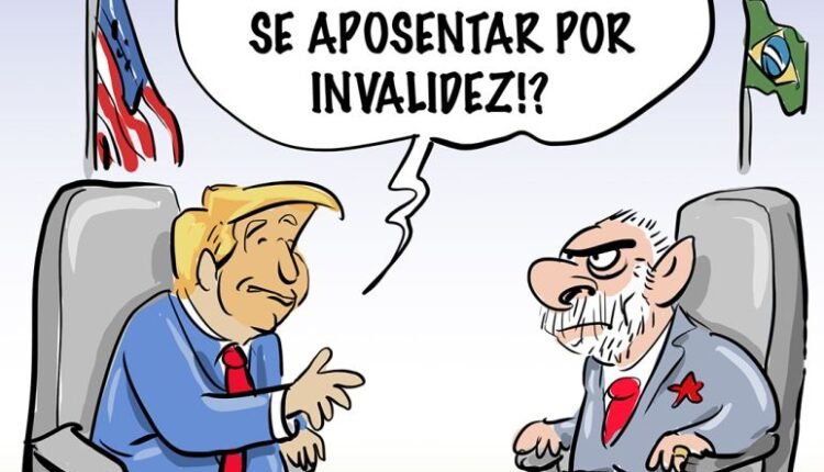 Charge de Genildo: Trump provoca Lula com ironia sobre aposentadoria por invalidez