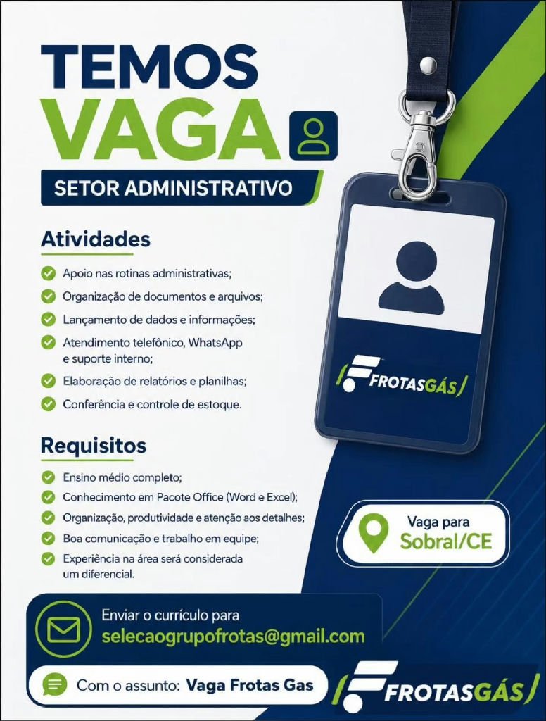 Frotas Gás anuncia vaga para setor administrativo em Sobral