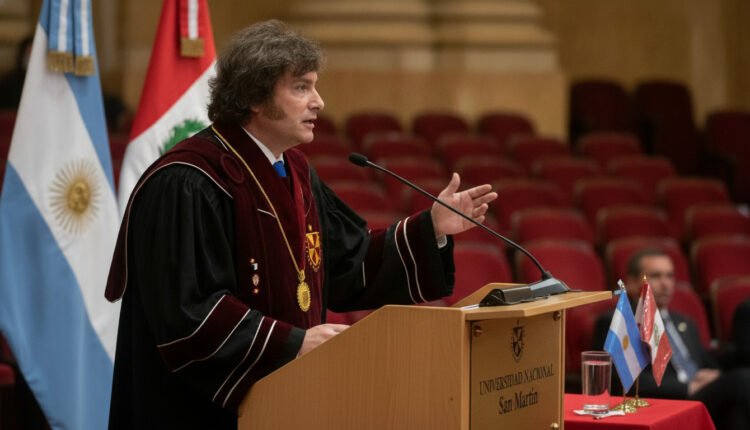 Javier Milei recebe doutorado honorário em Lima e reforça críticas à justiça social