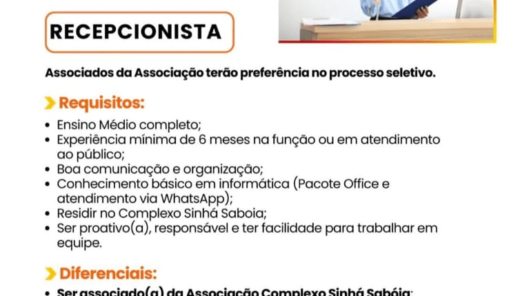 Associação Complexo Sinhá Saboia anuncia processo seletivo para recepcionista em Sobral