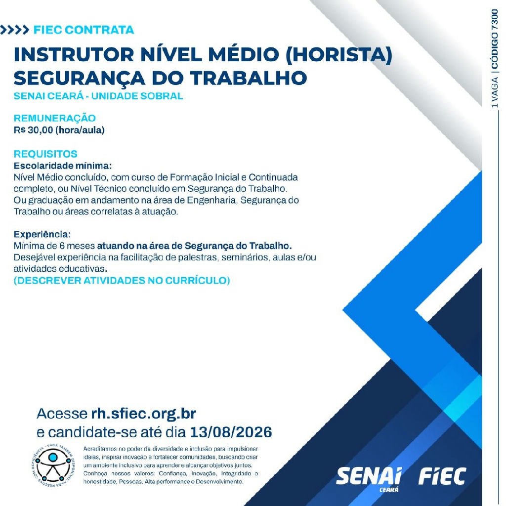 SENAI Ceará seleciona instrutor de Segurança do Trabalho para Sobral