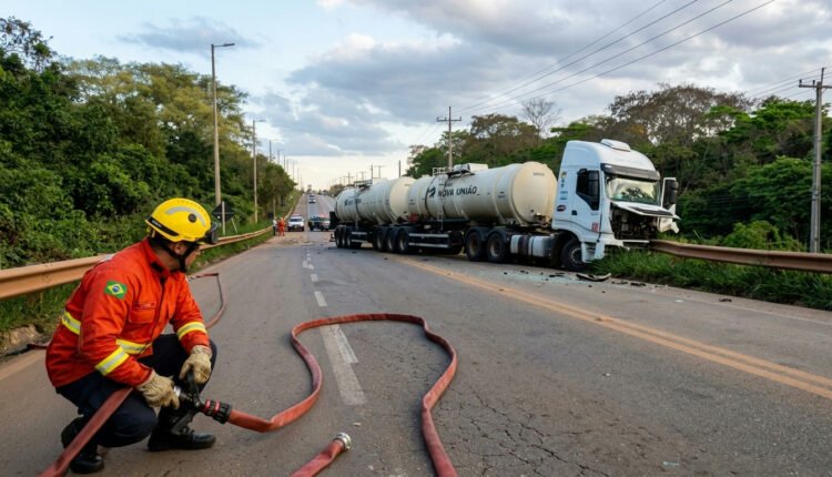 Colisão entre carro e caminhão-tanque mata motorista na Br-080 em Brazlândia