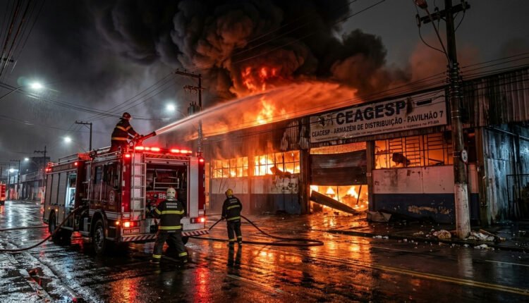 Incêndio de grandes proporções mobiliza bombeiros na Ceagesp em São Paulo