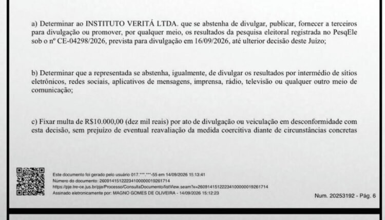 Justiça Eleitoral do Ceará suspende divulgação de pesquisa Veritá sobre eleições 2026