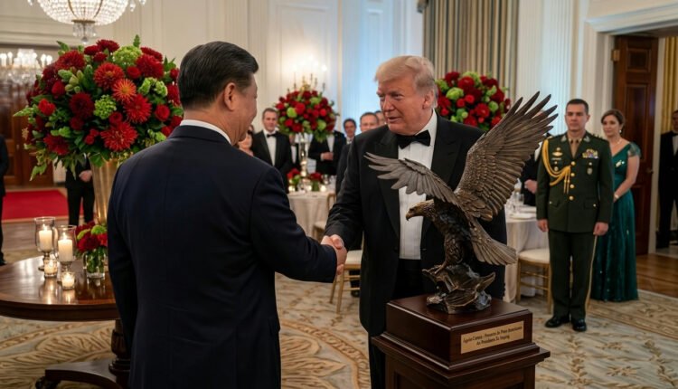 Simbolismo na diplomacia: Trump presenteia Xi Jinping com águia-careca em jantar de Estado