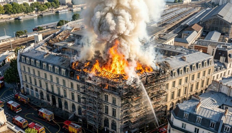 Incêndio de grandes proporções atinge telhado de prédio em obras em Paris