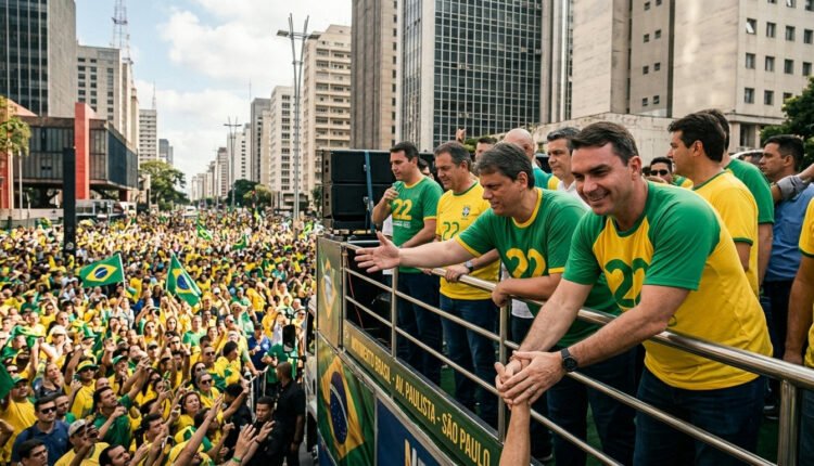Manifestação na avenida Paulista reúne Flávio Bolsonaro e lideranças políticas