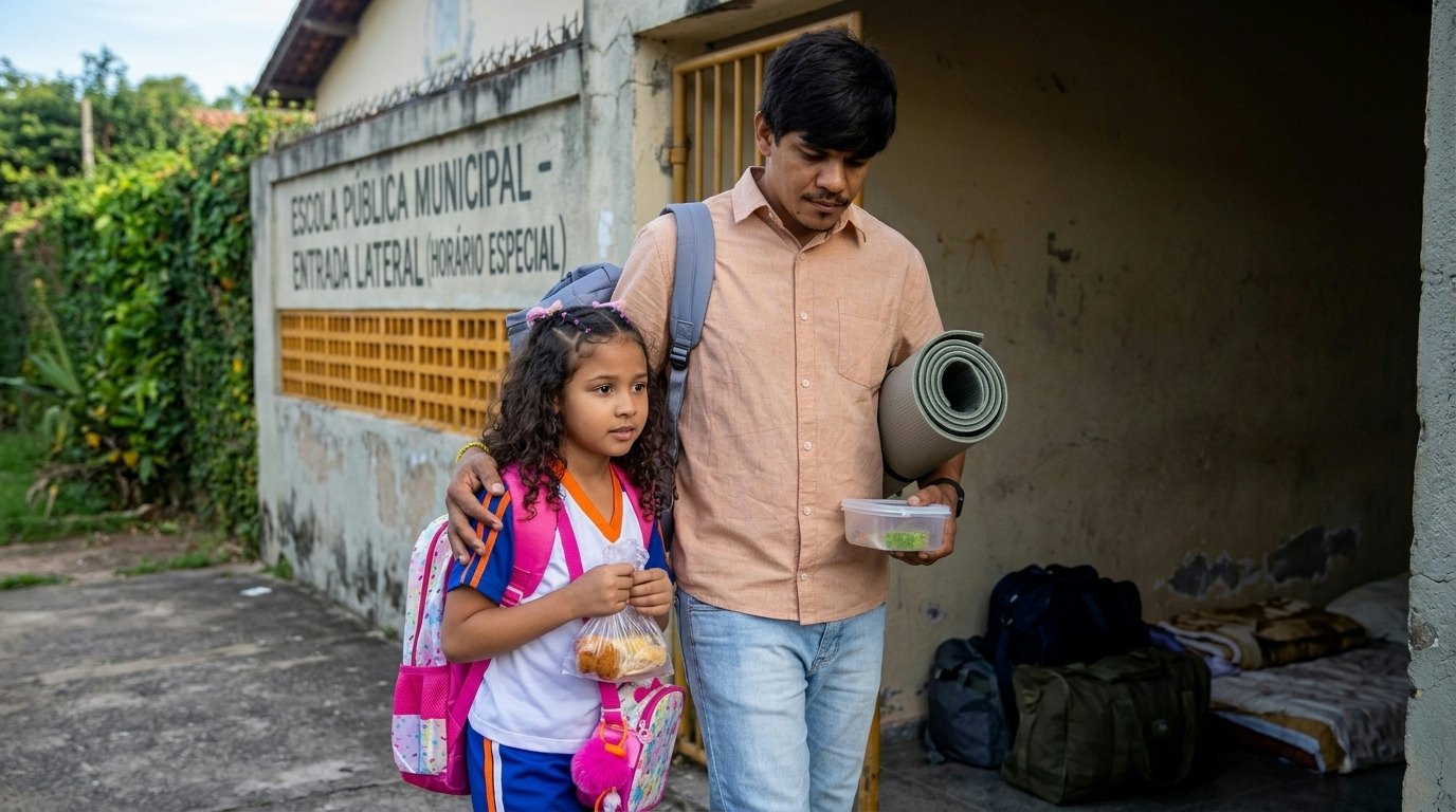 Sabugo é despejado e improvisa moradia na escola com a filha